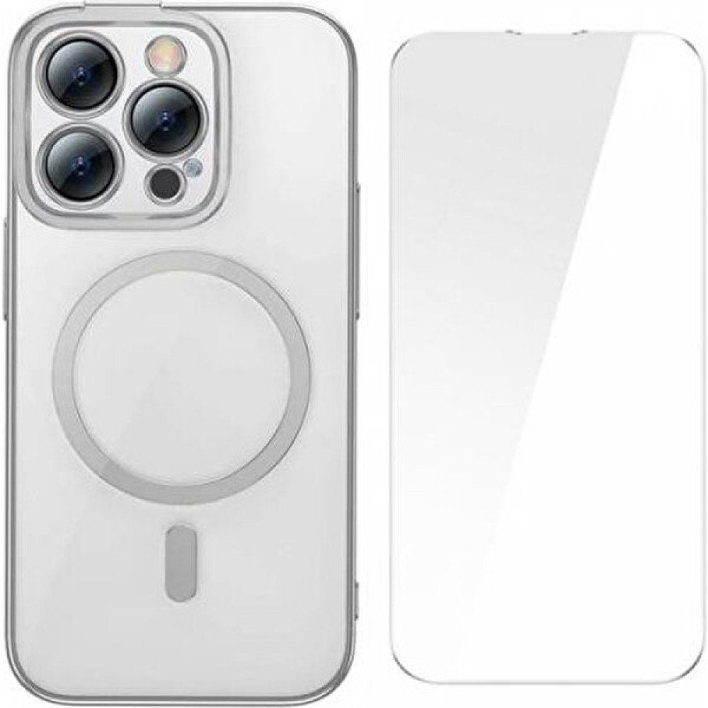 Polham Baseus iPhone 14 Pro Max Ful Kaplama Kırılmaz Ekran Koruyucu ve Magsafe Kılıf, Air Armor Kılıf,sararmaz - Gümüş Cep Telefonu Kılıfı Fiyatı