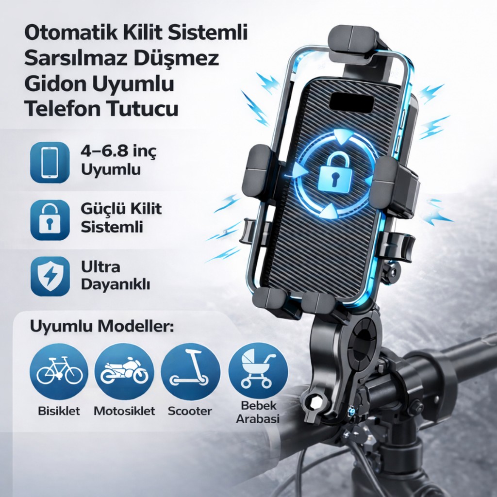 Polhammobile Polham Otomatik Kilit Sistemli Sarsılmaz Düşmez Gidon Uyumlu Bisiklet, Motosiklet Telefon Tutucu Bisikletler Fiyatı