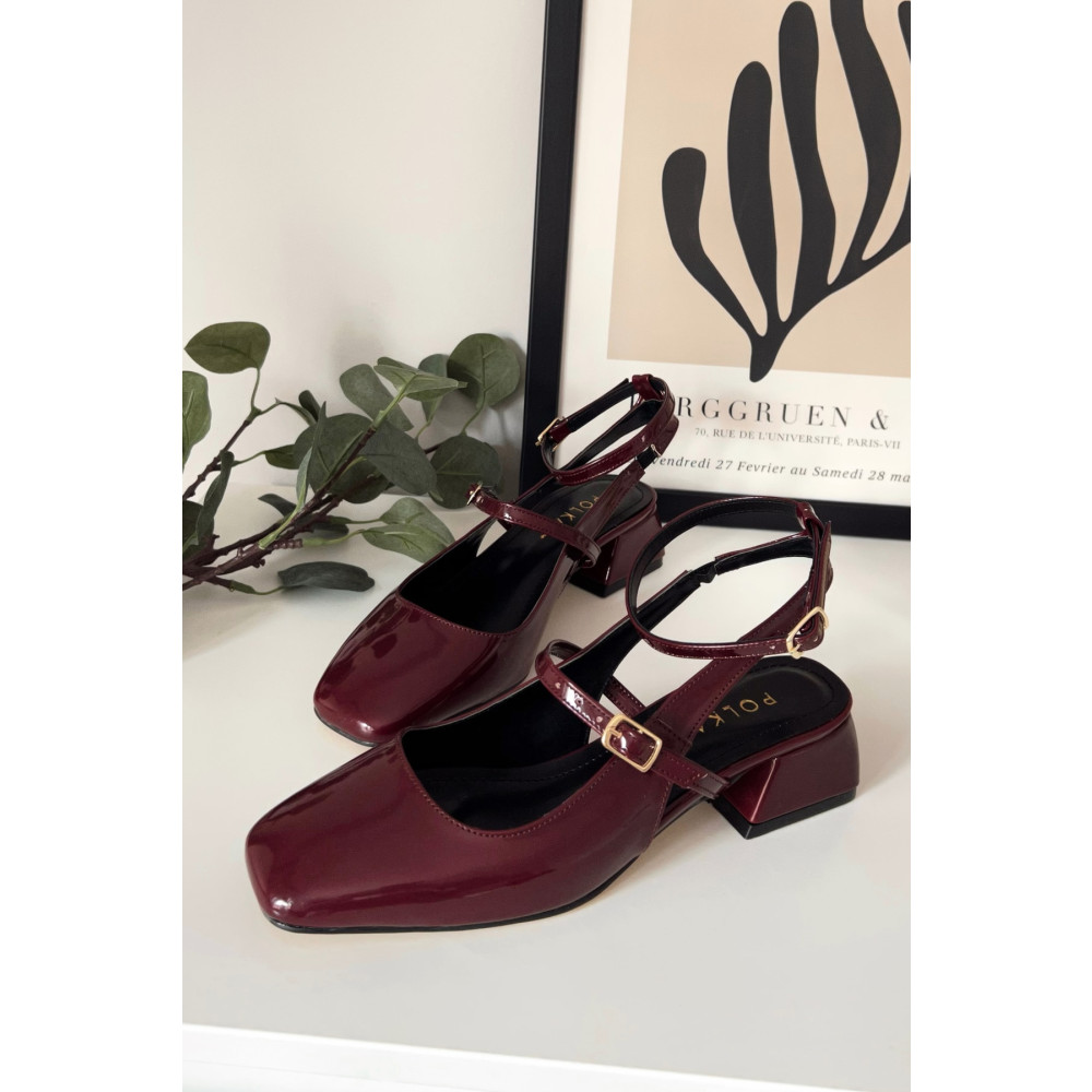 POLKA STORE Kadın Mary Jane Bordo Rugan Arkası Açık Kare Burunlu Baretli Kısa Blok Topuklu Ayakkabı Cherry Red 36 Beden Topuklu Ayakkabı Fiyatı