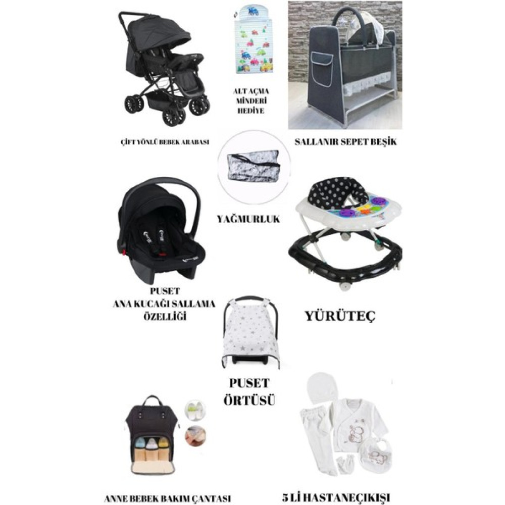Polly Baby Beşik Bebek Arabası Puset Yürüteç Çanta Hastane Çıkışı - Gri - Siyah Beşik Fiyatı