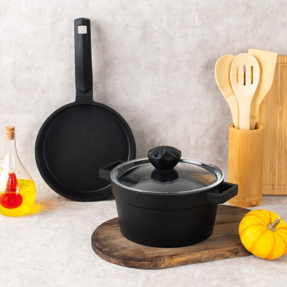 Polo Chef Mini Derin Tencere Tava Takımı - Granit 3 Parça Tencere Tava Seti Siyah Tencere / Tava Setleri Fiyatı