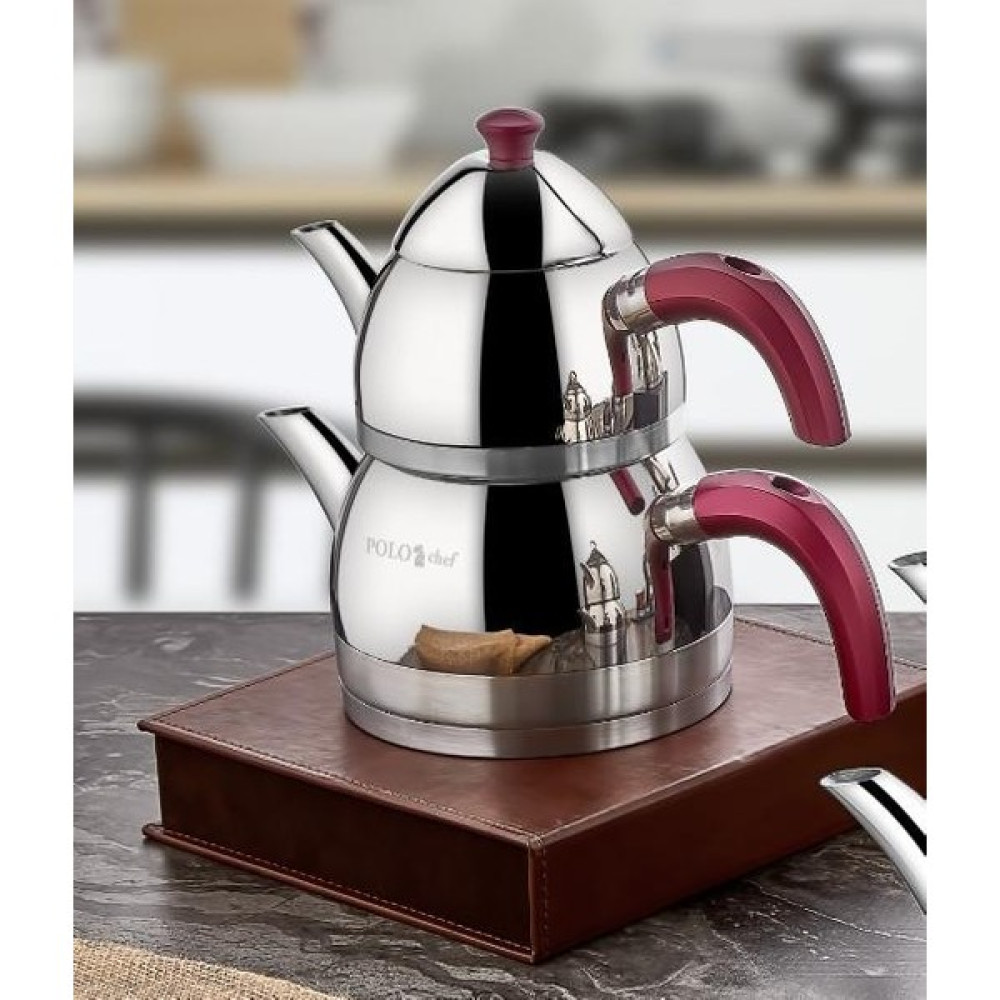 Polo Chef Zümrüt Çelik Kendinden Süzgeçli Bakalit Sap Orta Boy Çaydanlık Demlik:0.75lt Suluk:1.50lt Çay / Çaydanlık Setleri Fiyatı