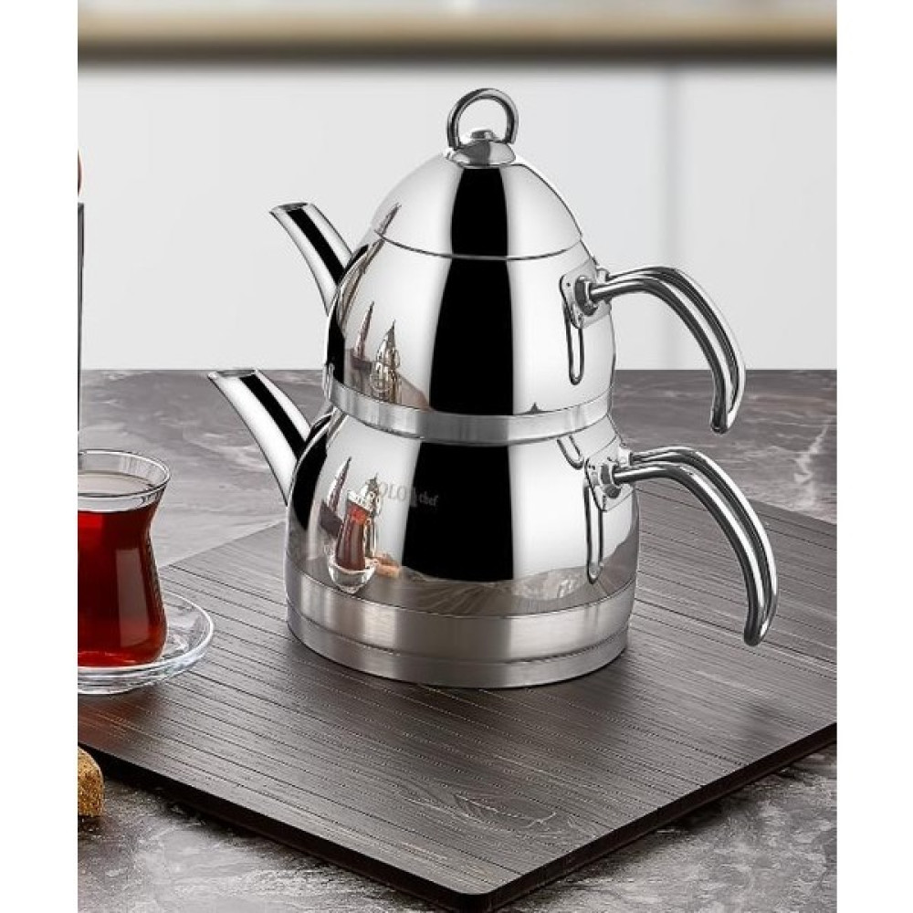 Polo Chef Zümrüt Çelik Kendinden Süzgeçli Tel Sap Orta Boy Çaydanlık Demlik:0.75lt Suluk:1.50lt Çay / Çaydanlık Setleri Fiyatı
