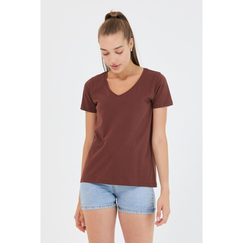 Polo State Kadın %100 Pamuk V Yaka Regular Kalıp T-Shirt Kahverengi Bayan T-shirt Fiyatı