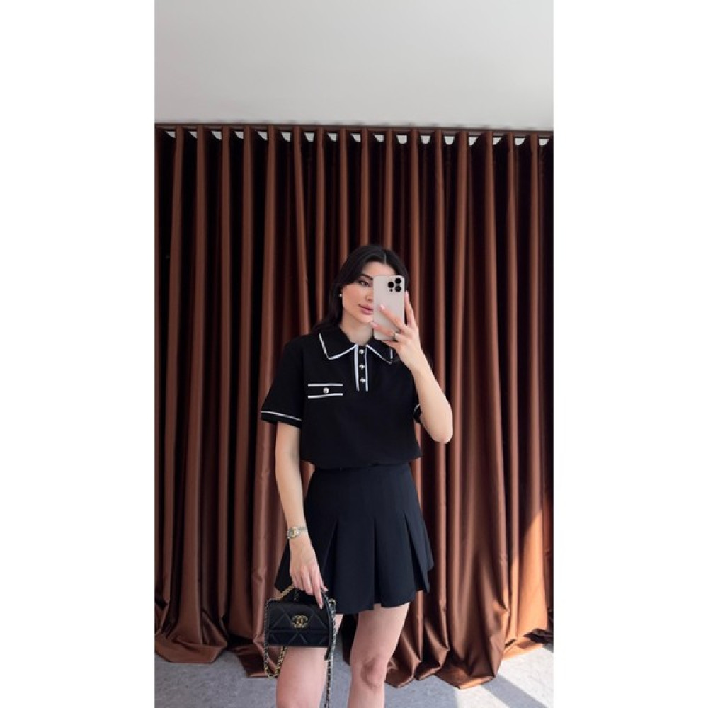 Polo Yaka Biyeli Siyah Tshirt Bayan T-shirt Fiyatı