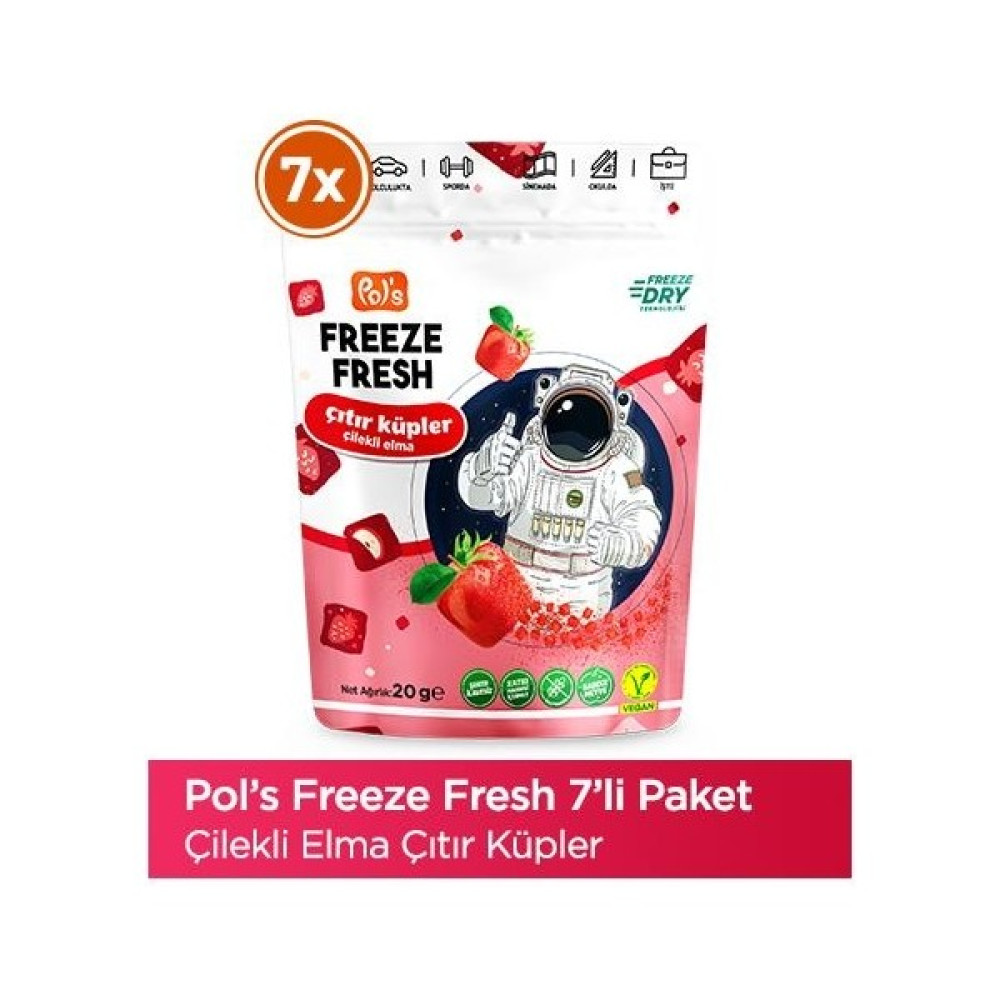 Pol’s Freeze Fresh Çıtır Küp Çilekli Elma 20 g x 7 Adet Freeze Dry Dondurularak Kurutulmuş Meyve - 20 gr Diğer Fiyatı