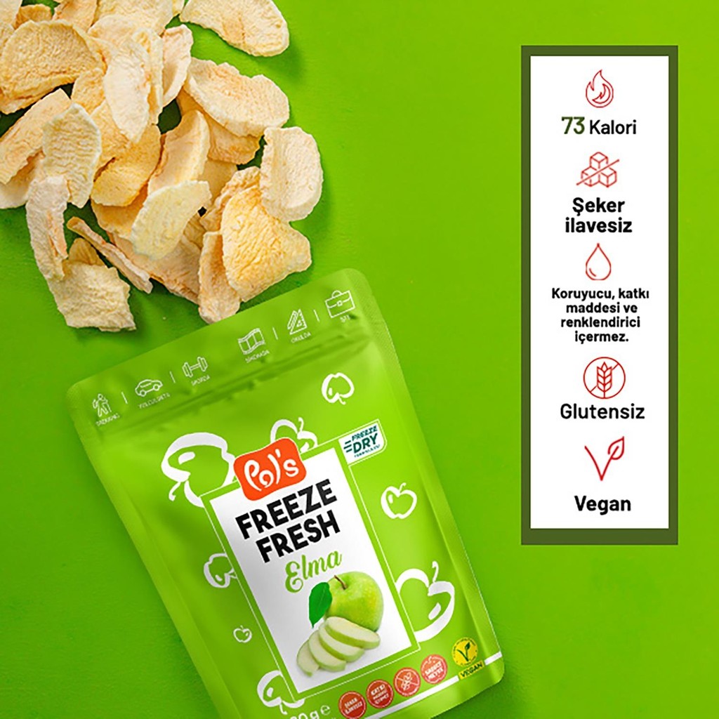 Pol's Freeze Fresh Elma 20 gr Dondurularak Kurutulmuş, Vegan ve Gluten İçermeyen Doğal Atıştırmalık Kuru Meyve Fiyatı