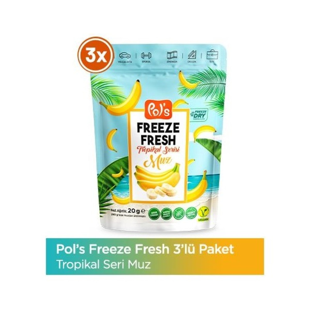 Pol's Freeze Fresh Muz 20 G x 3 Adet Freeze Dry Dondurularak Kurutulmuş Meyve - 20 gr Diğer Fiyatı