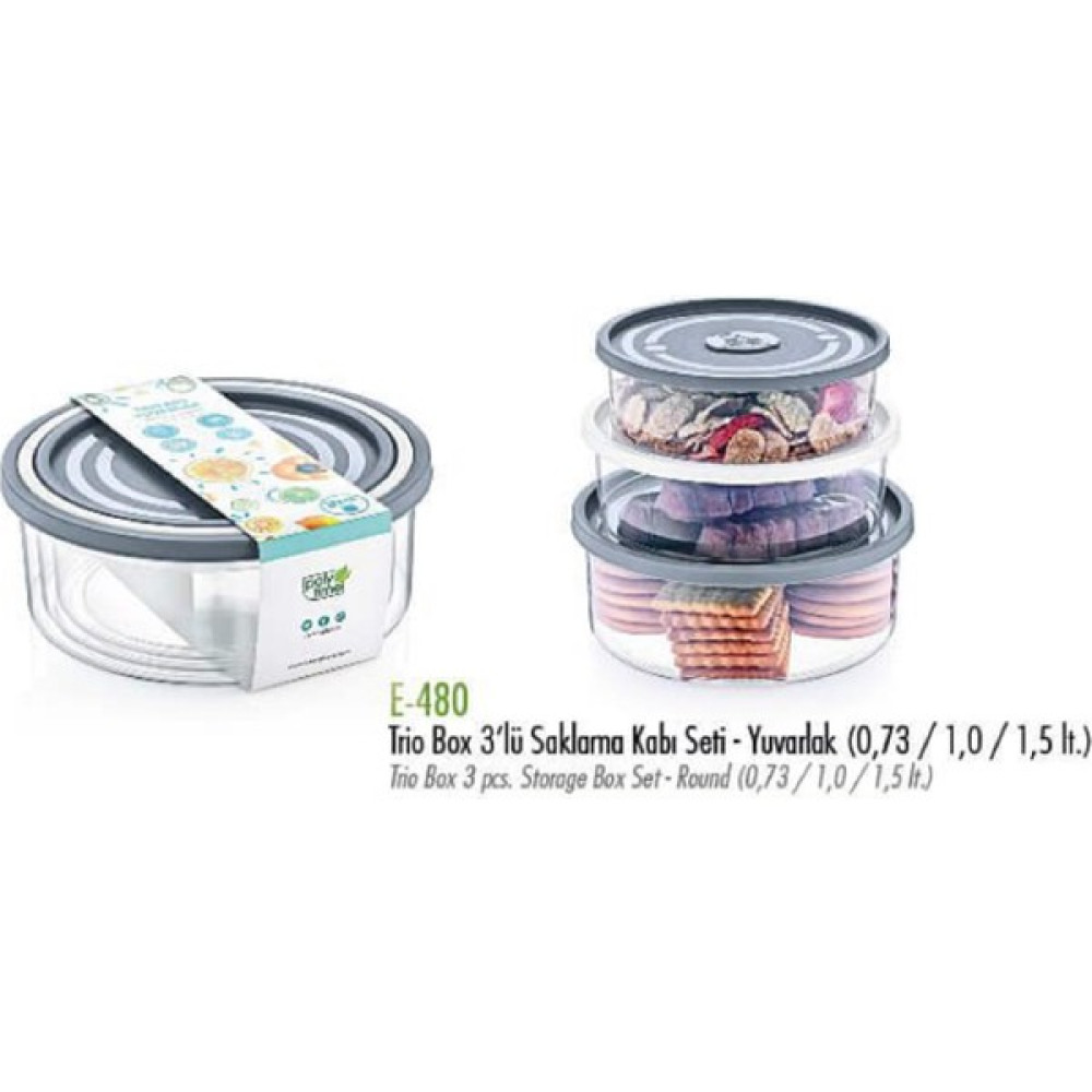 Poly Time 3'lü Plastik Saklama Kabı Seti 0,7 lt + 1 lt + 1,5 lt - Yuvarlak - Şeffaf Saklama Kapları Fiyatı