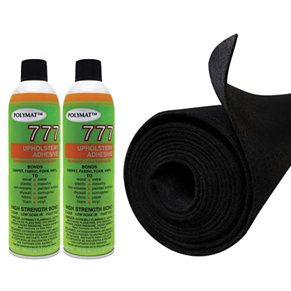 Polymat 10FT x 45" Black + 2 CANS 777LV Spray Glue Non Woven Felt Fabric Roll comp w/SubWoofer Speaker Box Enclosure Carpet and Trunk, Crafts, Multipurpose Liner, Latex Backed Felt Carpet