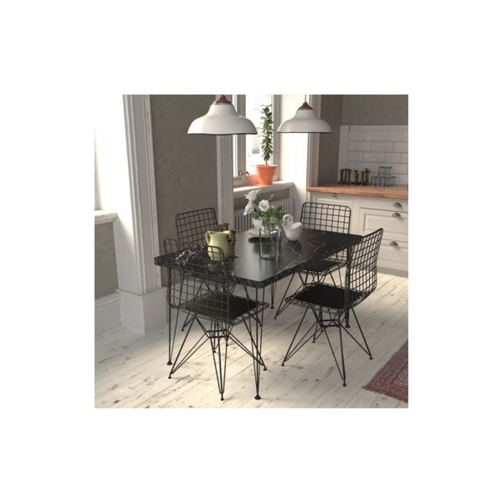 Pomashki 60 x 120 Siyah Mermer Desenli Yemek, Mutfak, Salon Masa Takımı 4 Sandalye - 60 x 120 cm Masa - Sandalye Seti / Takımı Fiyatı