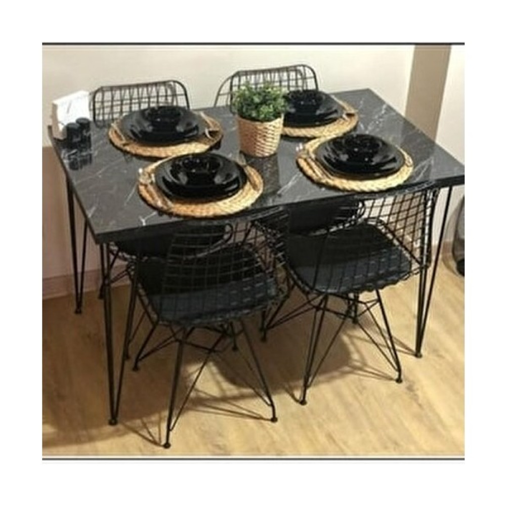 Pomashki 70 x 110 cm Siyah Mermer Desenli Masa Takımı 4 Adet Tel Sandalye Masa - Sandalye Seti / Takımı Fiyatı