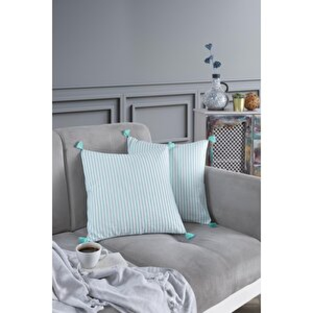 Pompoms 2'li Dekoratif Kırlent Kılıfı Yastık Kılıfı %100 Pamuklu 44x44 Cm Mint Kırlent / Mobilya Yastığı Fiyatı