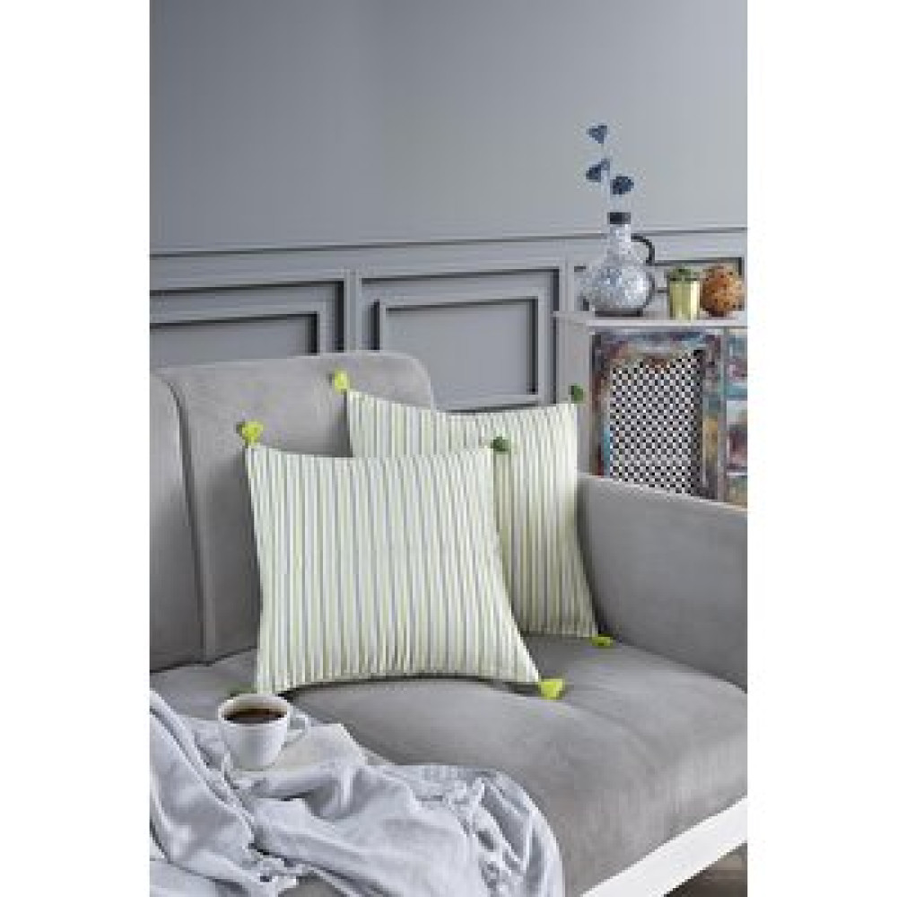 Pompoms 2'li Dekoratif Kırlent Kılıfı Yastık Kılıfı %100 Pamuklu 44x44 Cm Yeşil Kırlent / Mobilya Yastığı Fiyatı
