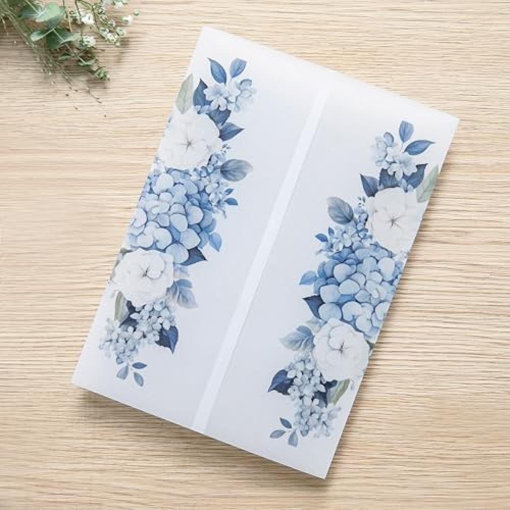 PONATIA 50PCS Vellum Jackets for 5x7 Invitation Cards - 135GSM Dusty Blue Flowers Vellum Sleeves, Transparent Card Jackets