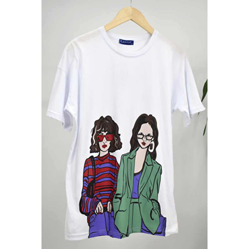 Ponçik Kadın Baskılı Penye Tişört 23065 Beyaz Bayan T-shirt Fiyatı