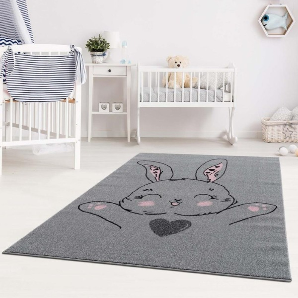 Ponciko Özel Tasarım Sevimi Tavşan Desenli Bebek Halısı ve Çocuk Odası - 140 x 200 cm - Gri Bebek Odası Halı Fiyatı