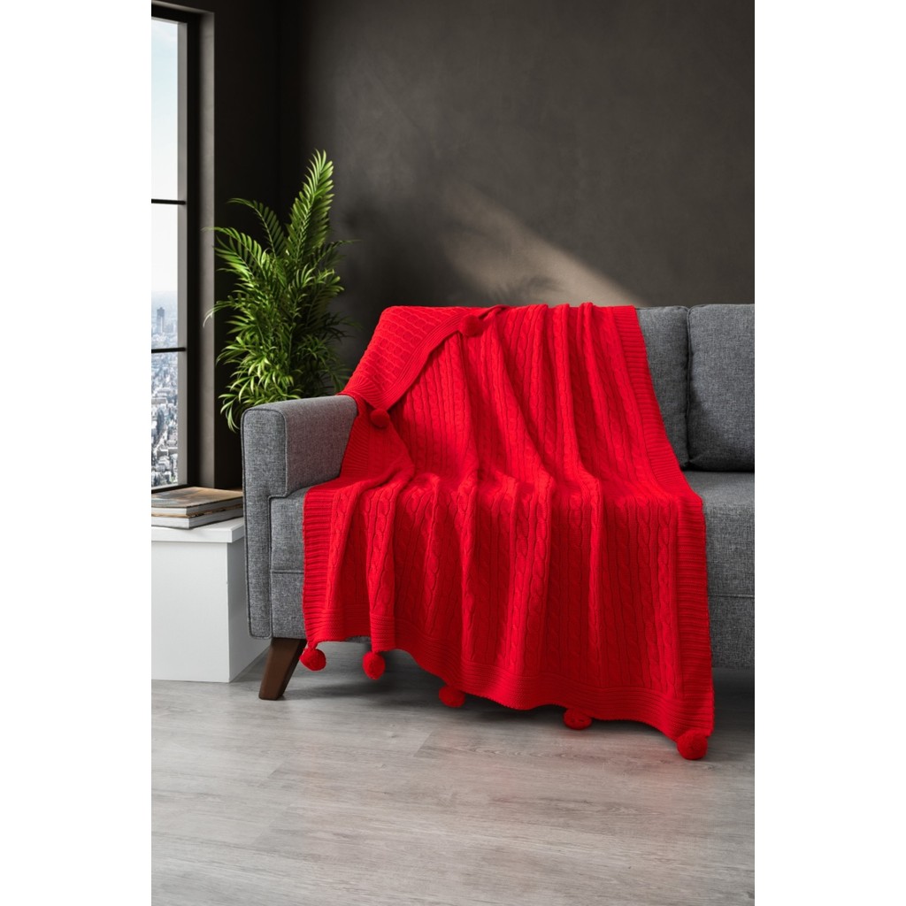 Ponponlu Triko Örgü Battaniye-Örgü Koltuk Şalı & Diz BATTANIYESI-130X170 Cm-Kırmızı - Kırmızı - 130 x 170 cm SSD / Solid State Drive Fiyatı