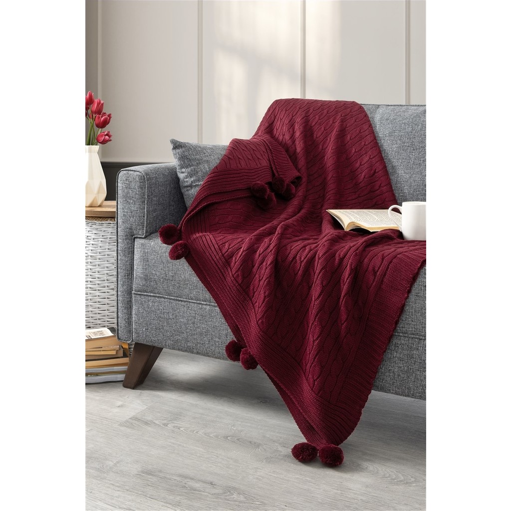 Ponponlu Triko Örme Tv Battaniyesi – Koltuk & Omuz Şalı & Diz Battaniyesi – 130x170cm - 130 x 170 cm - Bordo Koltuk Fiyatı