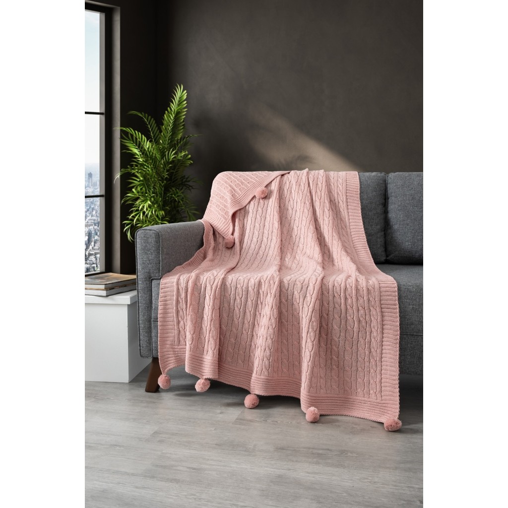 Ponponlu Triko Örme Tv Battaniyesi–örgü Koltuk & Omuz Şalı & Diz BATTANIYESI–130X170 Cm-Pudra - Pudra - 130 x 170 cm Koltuk Fiyatı