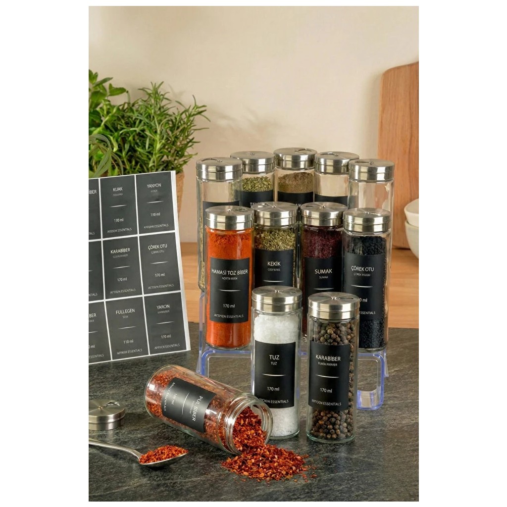 Poomy 12'li Cam Baharatlık Seti - Metal Kapaklı 170 ml Siyah Etiketli Baharat Takımı & Organizer Stand Tuz, Şeker, Baharat Fiyatı