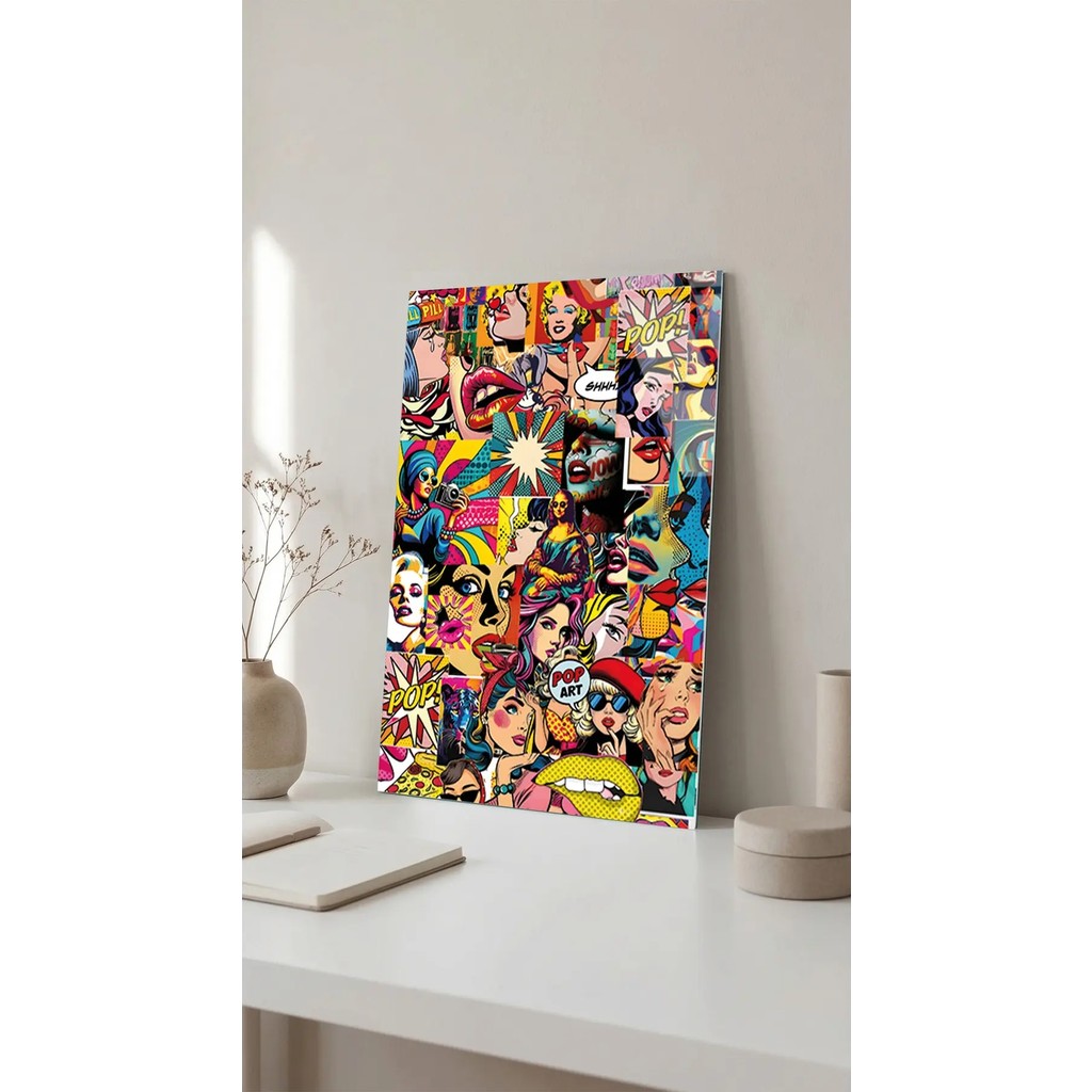 Pop Art Kolaj Cam Tablo 4mm Temperli, Premium Uv Baskılı Kırılmaz Duvar Tablosu - 70 x 110 - Çok Renkli Kanvas Tablo Fiyatı
