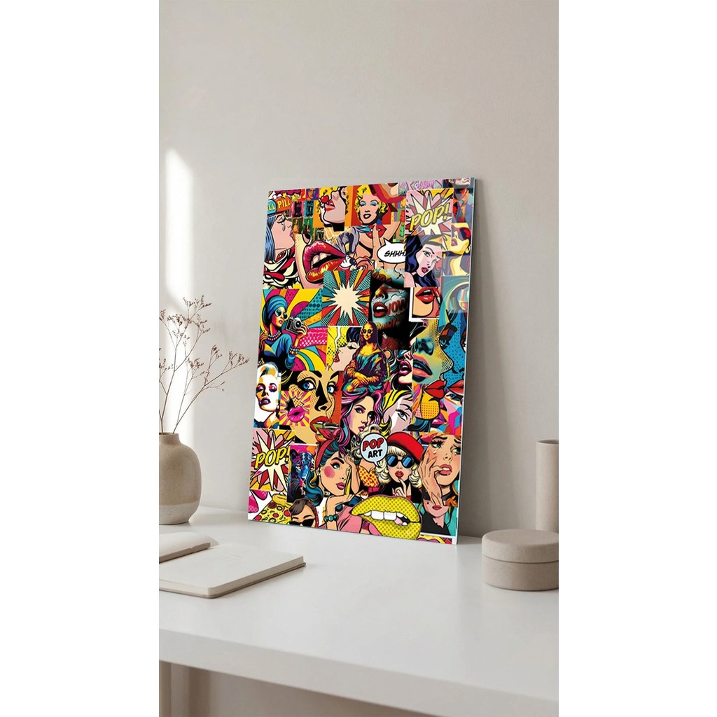Pop Art Kolaj Cam Tablo 4mm Temperli, Premium Uv Baskılı Kırılmaz Duvar Tablosu - 90 x 140 - Çok Renkli Kanvas Tablo Fiyatı