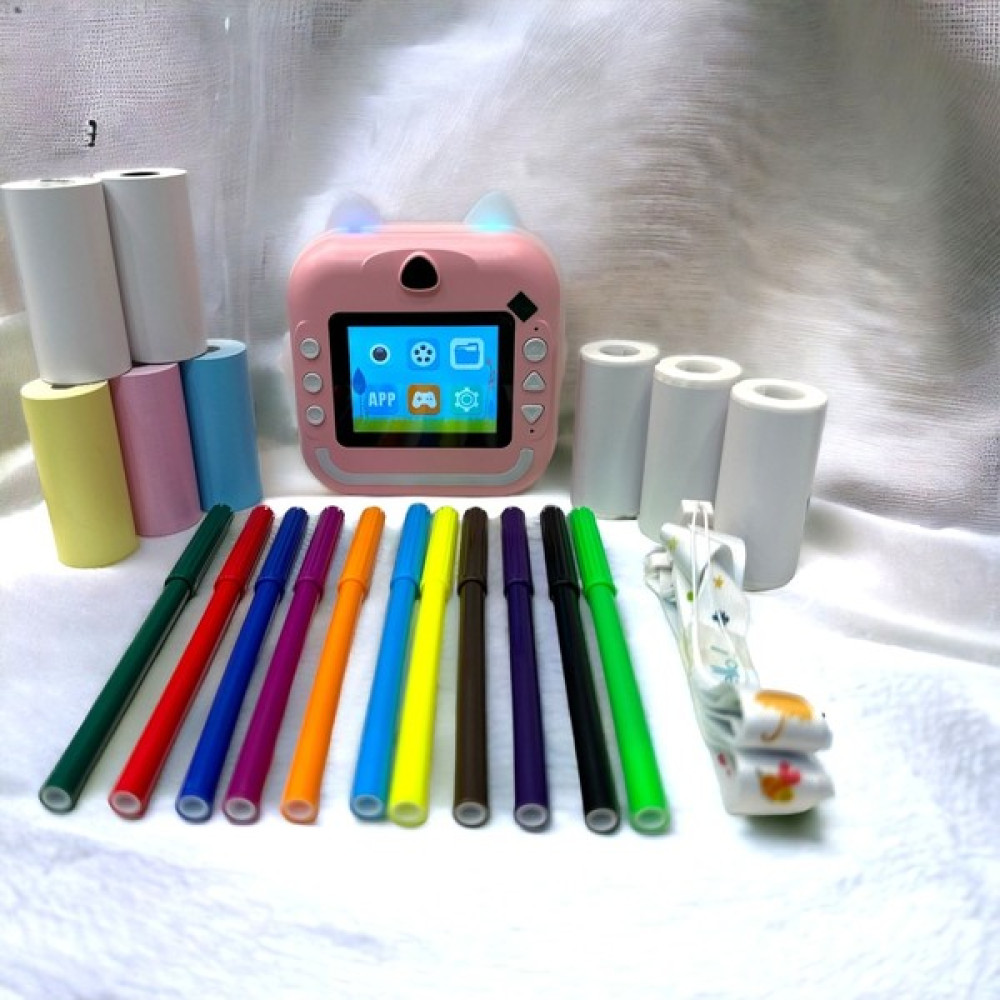Popit Toys Çocuklar Için Termal Fotoğraf ve Kamera, Anında Siyah Beyaz Baskı Yedek 8 Adet Rulo ve 12 Renk Kalem - Pembe Dijital Fotoğraf Makineleri Fiyatı