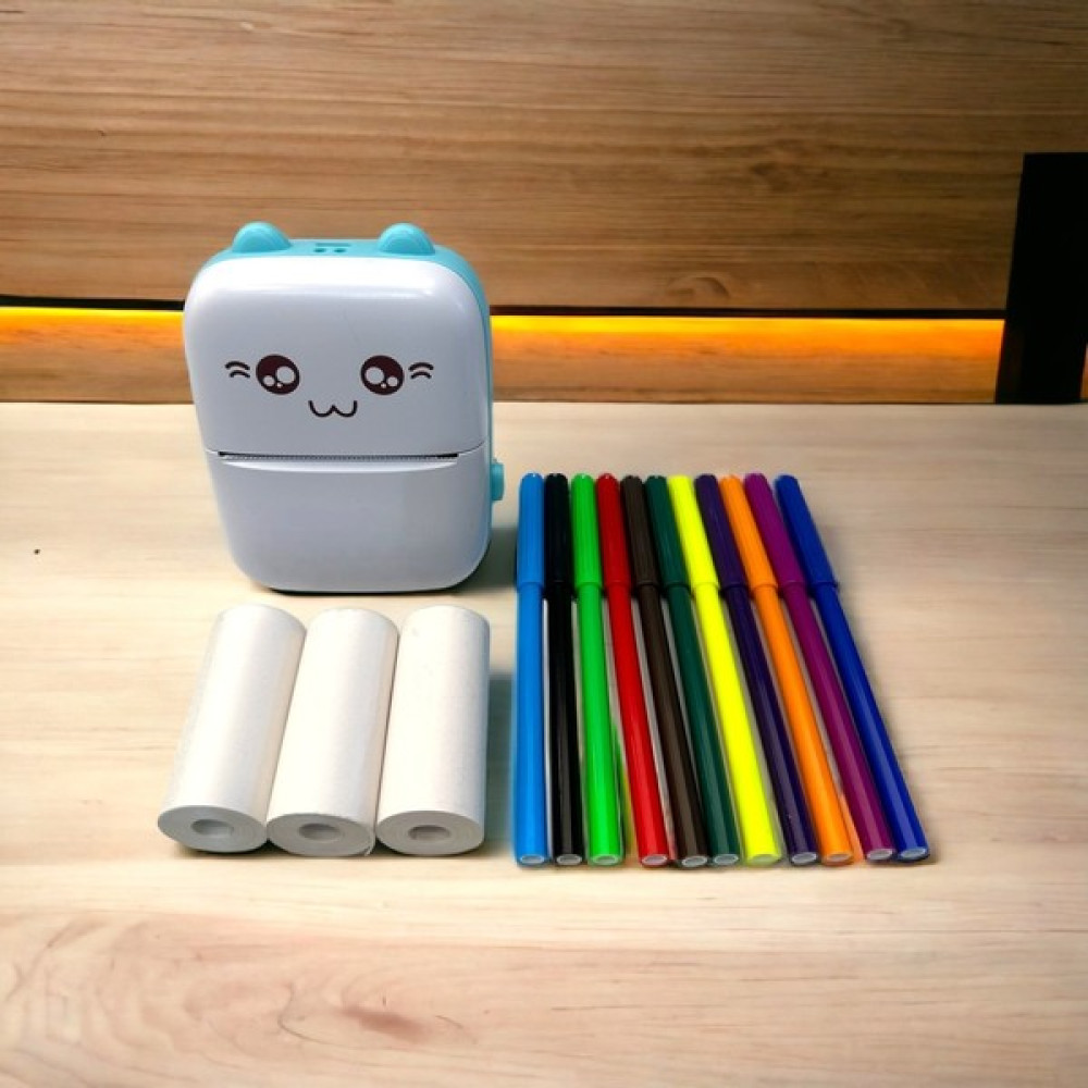 Popit Toys Mini Cep Yazıcısı Mavi, Yedek 3 Adet Beyaz Rulo Kağıt ve 12'li Rengarenk Kalem Seti Hediye. Yazıcılar Fiyatı