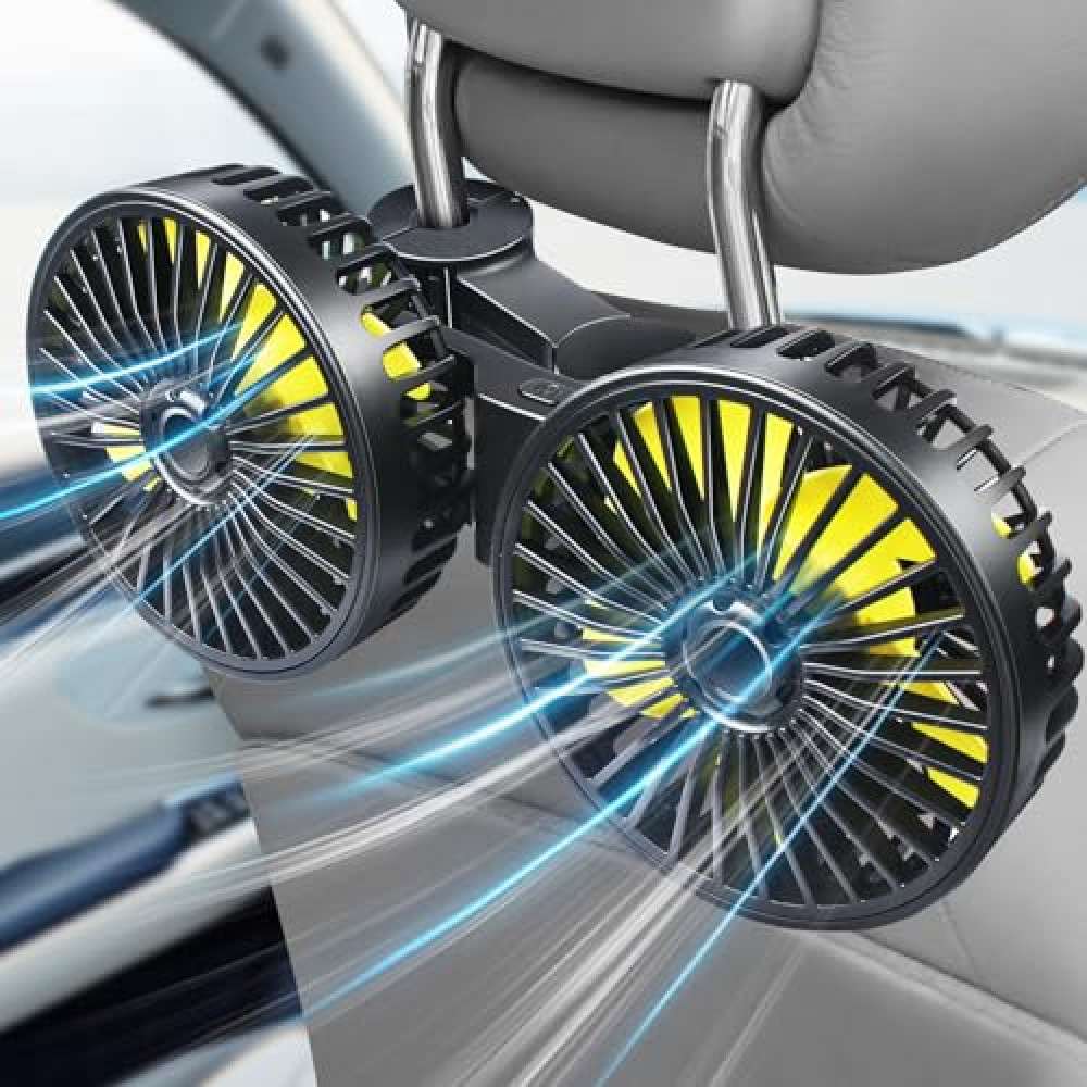 Poraxy Car Fans for Backseat Kids, Dual Head Car Fans that Blow Cold Air, Cooling USB Back Seat 3 Speed 360 Degree Rotatable Headrest Fan, Adjustable Clip Vehicles Rear Seat Air Fan for Sedan SUV RV