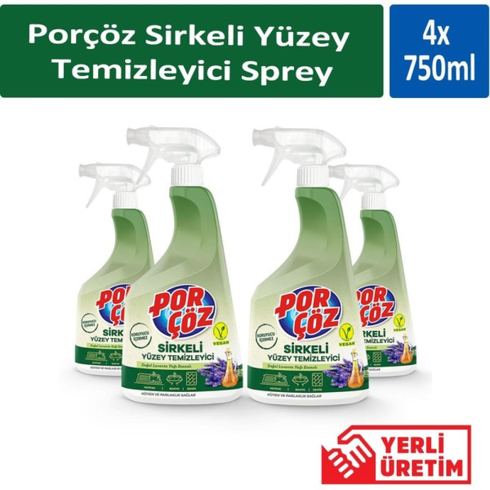 Porçöz Sirkeli Yüzey Temizleyici Sprey 750 ml x 4 Adet Parlatıcı ve Temizleyiciler Fiyatı