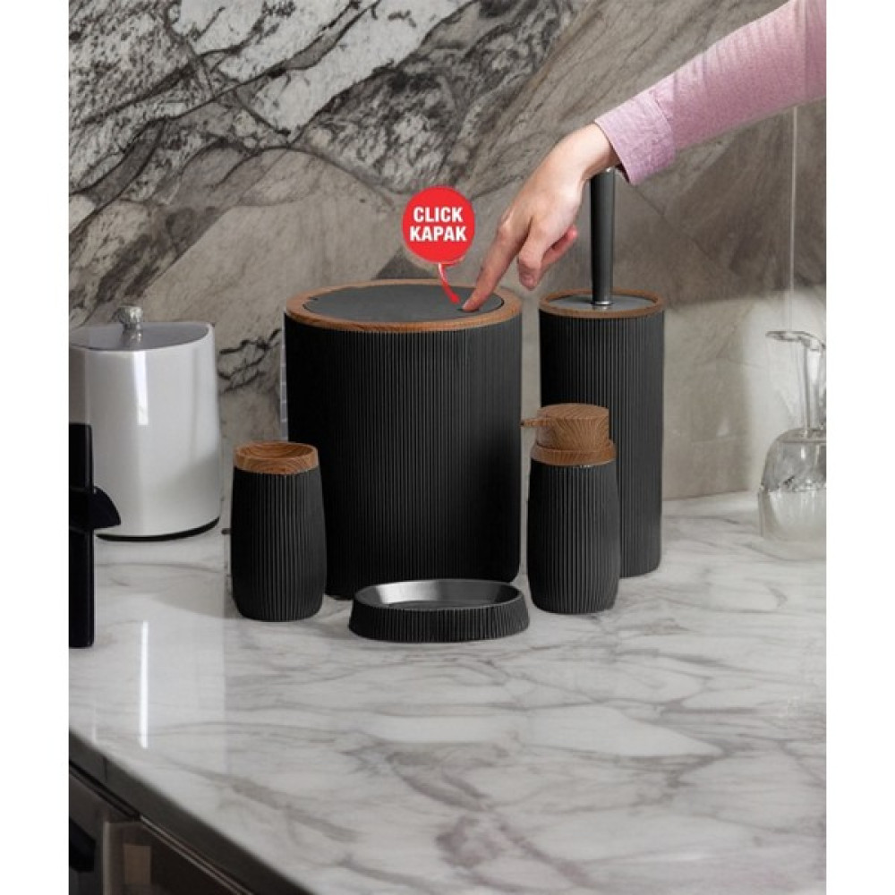 Porlistan 5'li Yuvarlak Çizgili Banyo Seti Ahşap – Siyah - 22 cm Banyo Aksesuarları Fiyatı