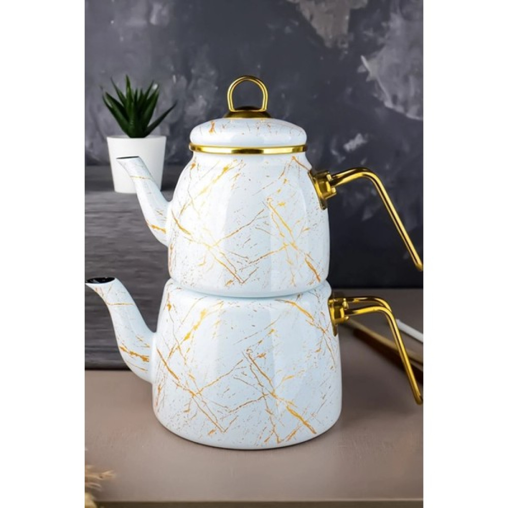 Porlistan Kırık Beyaz Mermer Desenli Emaye Çaydanlık, Gold Desenli Çaydanlık Çay / Çaydanlık Setleri Fiyatı