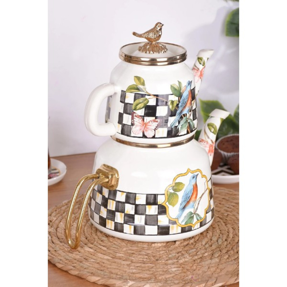 Porlistan Vintage Paradise Desen Emaye Çaydanlık- Desenli Emaye Çaydanlık Takımı Çay / Çaydanlık Setleri Fiyatı