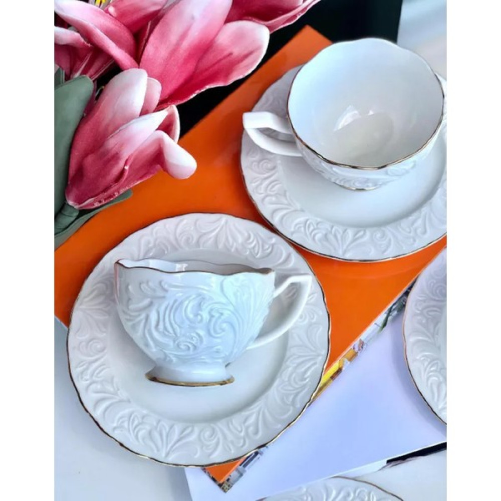 Porlistan Yaldızlı Kahve Fincan Takımı Kabartma Desenli Kahve Takımı 90 cc 6'lı - 6 Adet - Beyaz - 90 ml Fincan / Bardak / Kahve Takımı Fiyatı