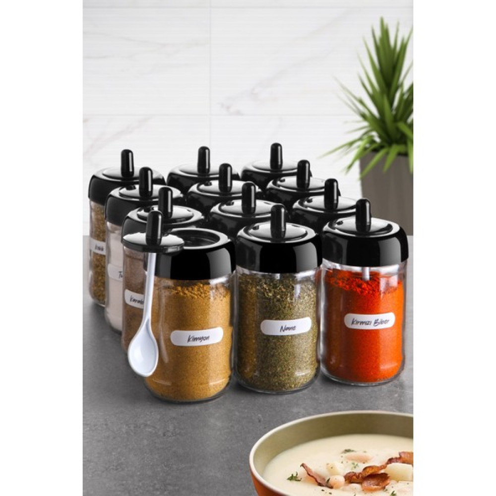Porselen Diyarı Etiketli 12 Adet Kapağı Kendinden Kaşıklı Baharatlık Seti Uzun 300 ml Baharat Setleri & Baharatlıklar Fiyatı