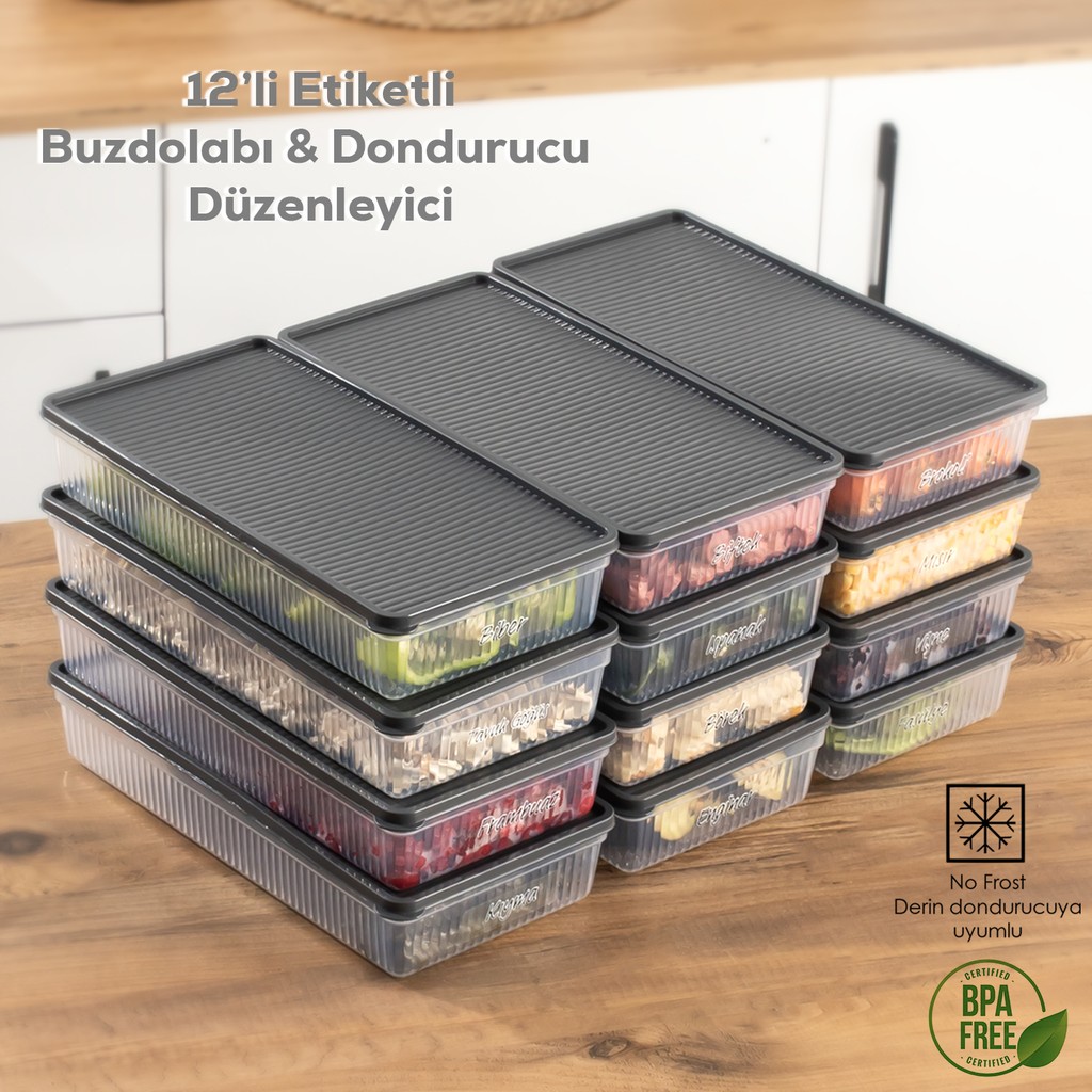 Porsima 1128 12 Li Dikdörtgen No-Frost Etiketli Derin Dondurucu Çok Amaçlı Yiyecek Saklama Kabı Seti - Antrasit - 12'li Buzdolabı Saklama Kabı Saklama Kapları Fiyatı