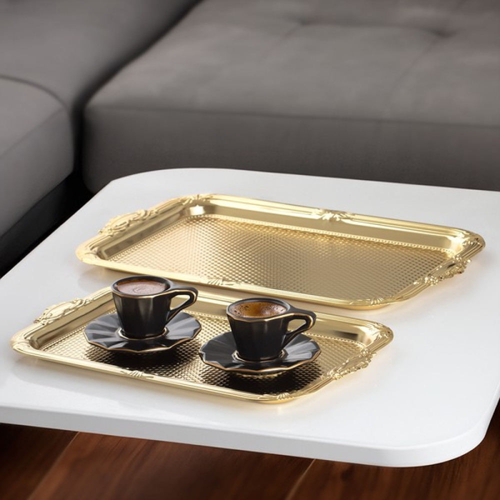 Porsima 3331 Paslanmaz Çelik Tepsi - Çay Kahve Ikram Sunum Servis Tepsi Seti- 2'li Dikdörtgen - Gold Servis Tepsisi Fiyatı