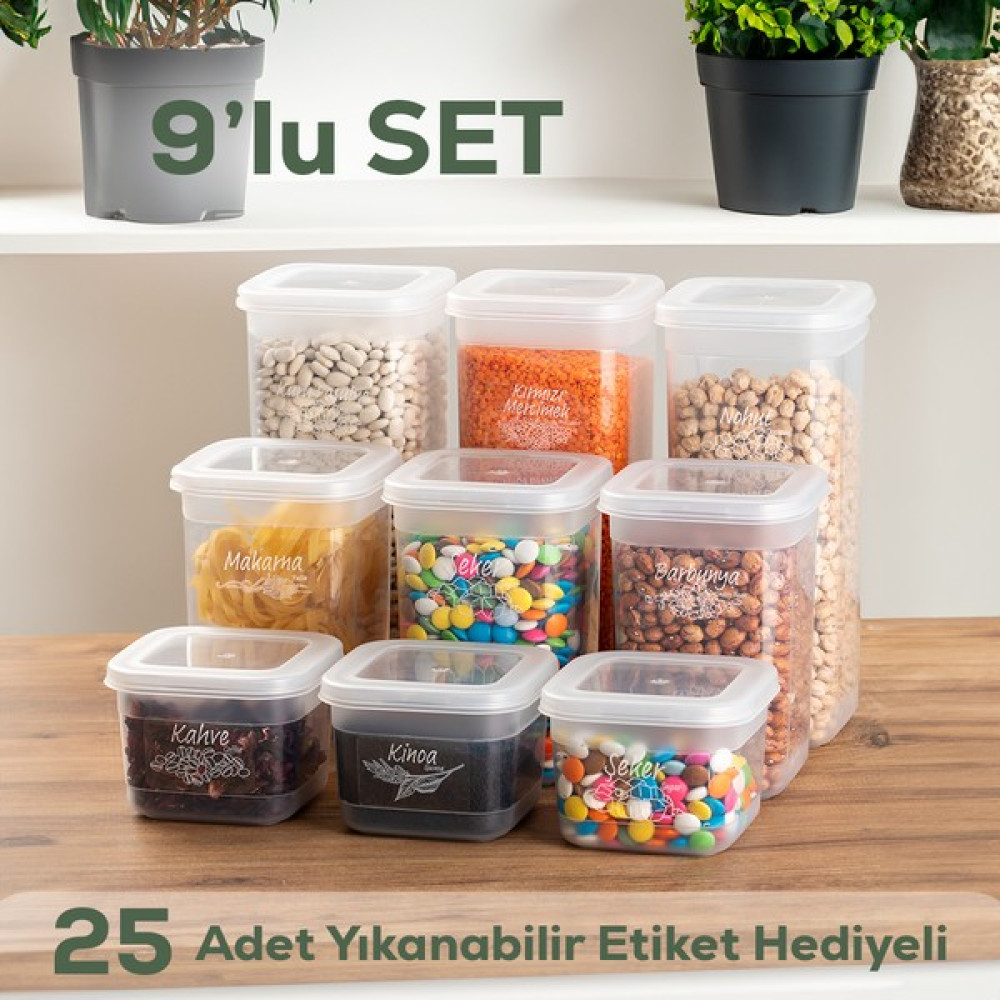 Porsima 433-3 9'lu Kare Etiketli Gıda Erzak Baharat Saklama Kabı Seti 3x(0.60+1.30+1.90 lt) Şeffaf Saklama Kapları Fiyatı