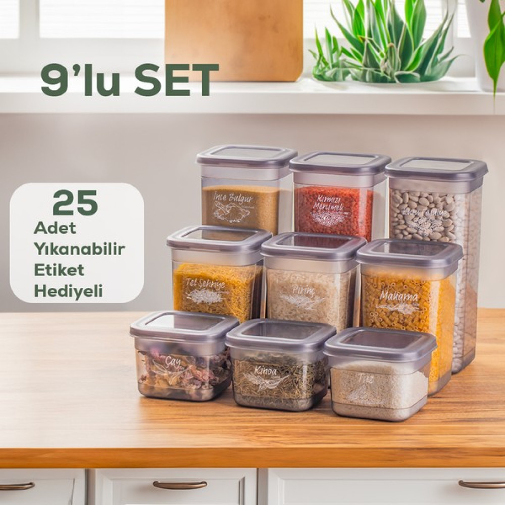 Porsima 433-GR-3 9 Lu Kare Etiketli Gıda Erzak Baharat Saklama Kabı Seti 3x(0.60+1.30+1.90) Lt Gri Saklama Kapları Fiyatı
