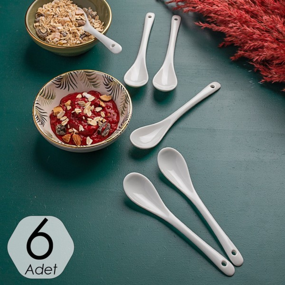 Porsima 7997-1 6'lı Beyaz Porselen Baharat Kaşığı - Kahvaltılık Bal Reçel Şeker Servis Kaşığı 13 cm Çatal / Kaşık / Bıçak Takımları Fiyatı