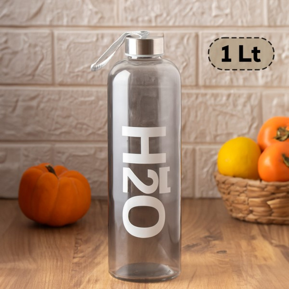 Porsima 87171 Cam Su Şişesi - H2O Baskılı Matara Suluk - Gri 1000 ml Suluk Fiyatı