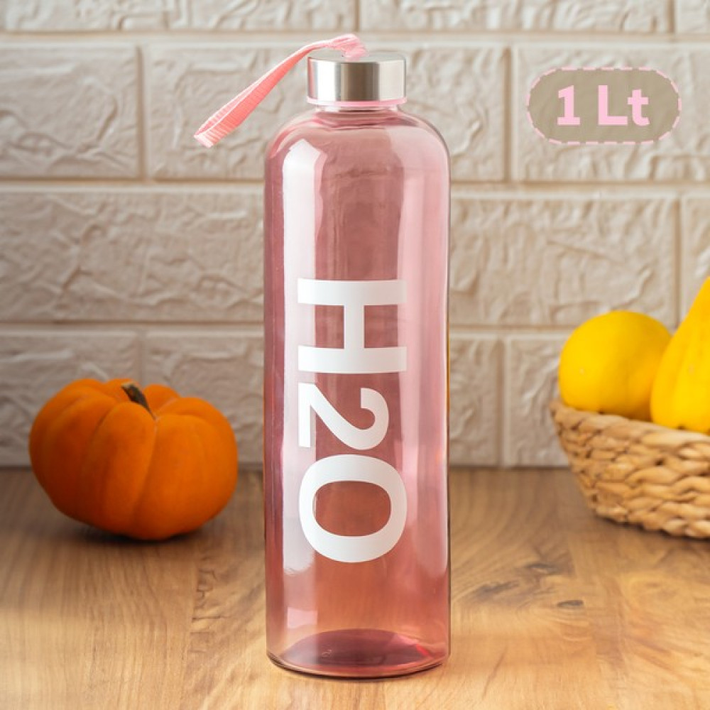 Porsima 87171 Cam Su Şişesi - H2O Baskılı Matara Suluk - Gri 1000 ml - Pembe        Suluk Fiyatı