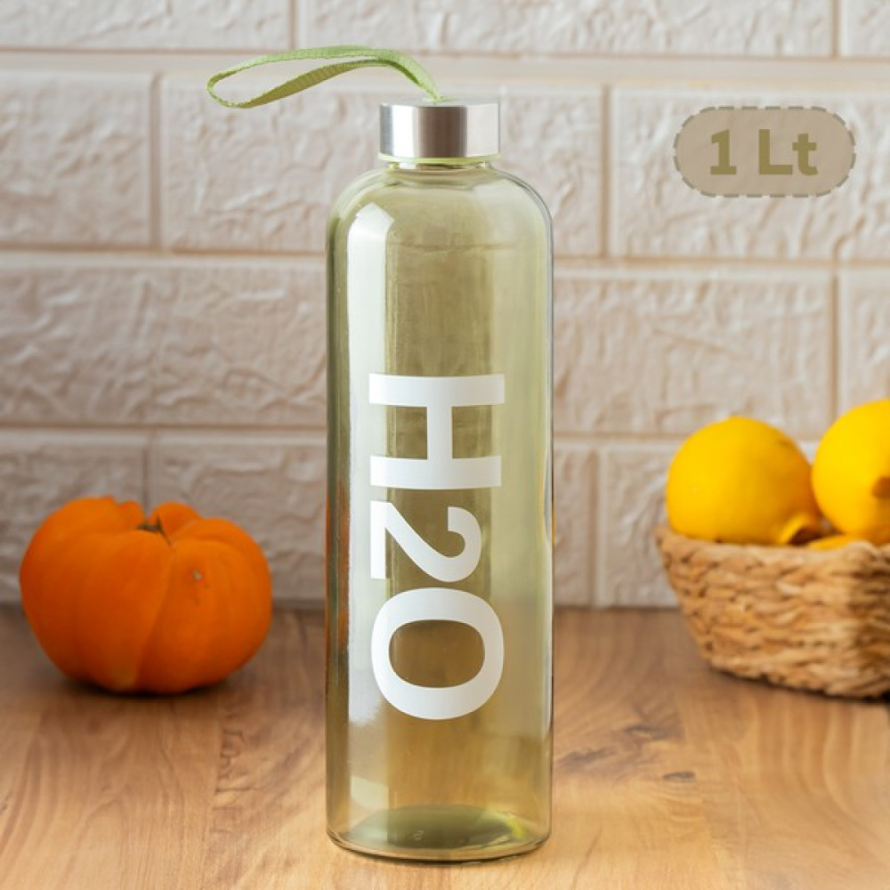 Porsima 87171 Cam Su Şişesi - H2O Baskılı Matara Suluk - Gri 1000 ml - Yeşil Suluk Fiyatı