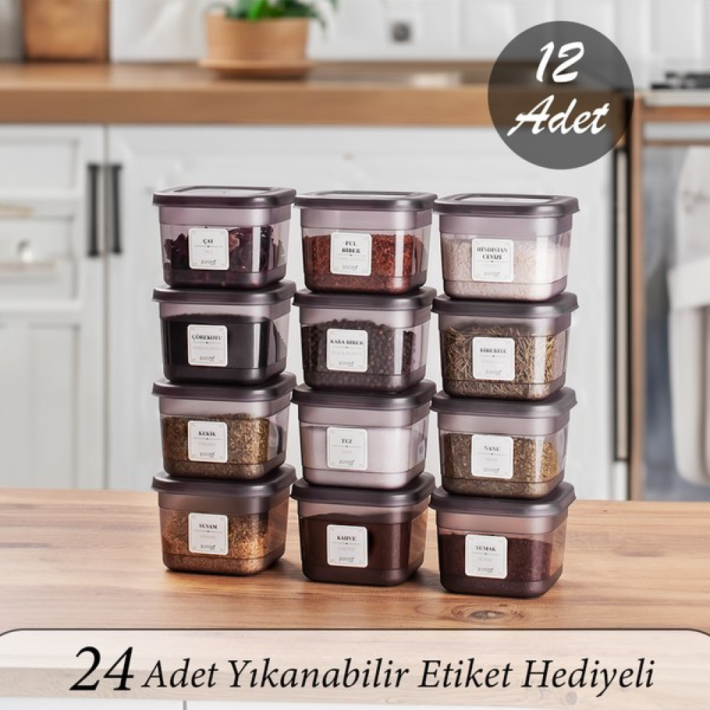 Porsima Çok Amaçlı Etiketli Baharatlık Kahvaltılık Kapaklı Saklama Kabı Antrasit 600 cc 12'li - Şeffaf Saklama Kapları Fiyatı