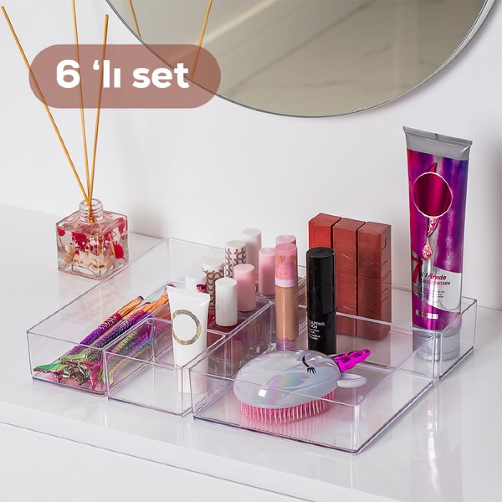Porsima G-216 Sabrina 6'lı Set Modüler Çekmece Içi Düzenleyici Organizer - Banyo Makyaj ve Takı Düzenleme Seti - Şeffaf Saklama Kapları Fiyatı