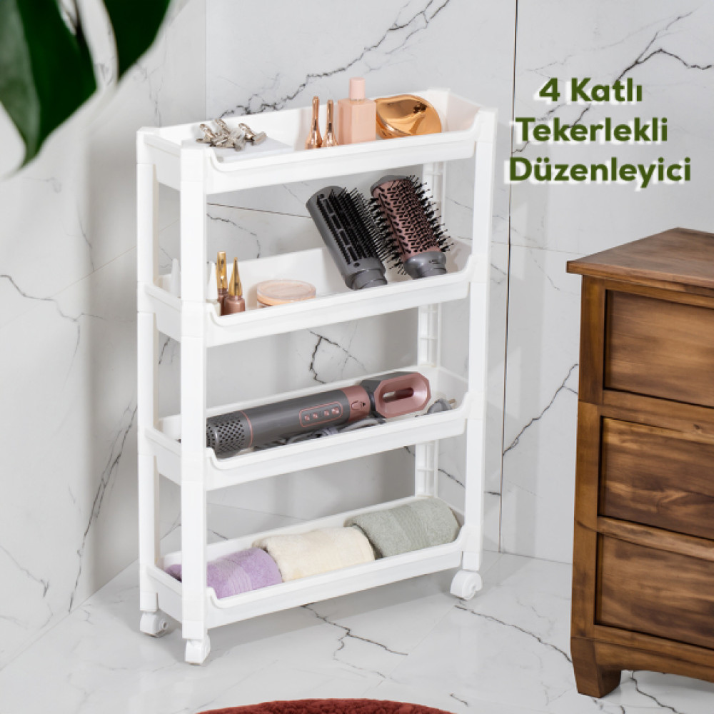 Porsima Rafty-66-1 Tekerlekli 4 Katli Duzenleyici - 46,5 X 14,5 X 67 Cm Hareketli Raf - Beyaz Mutfak Dolabı / Mobilyası Fiyatı