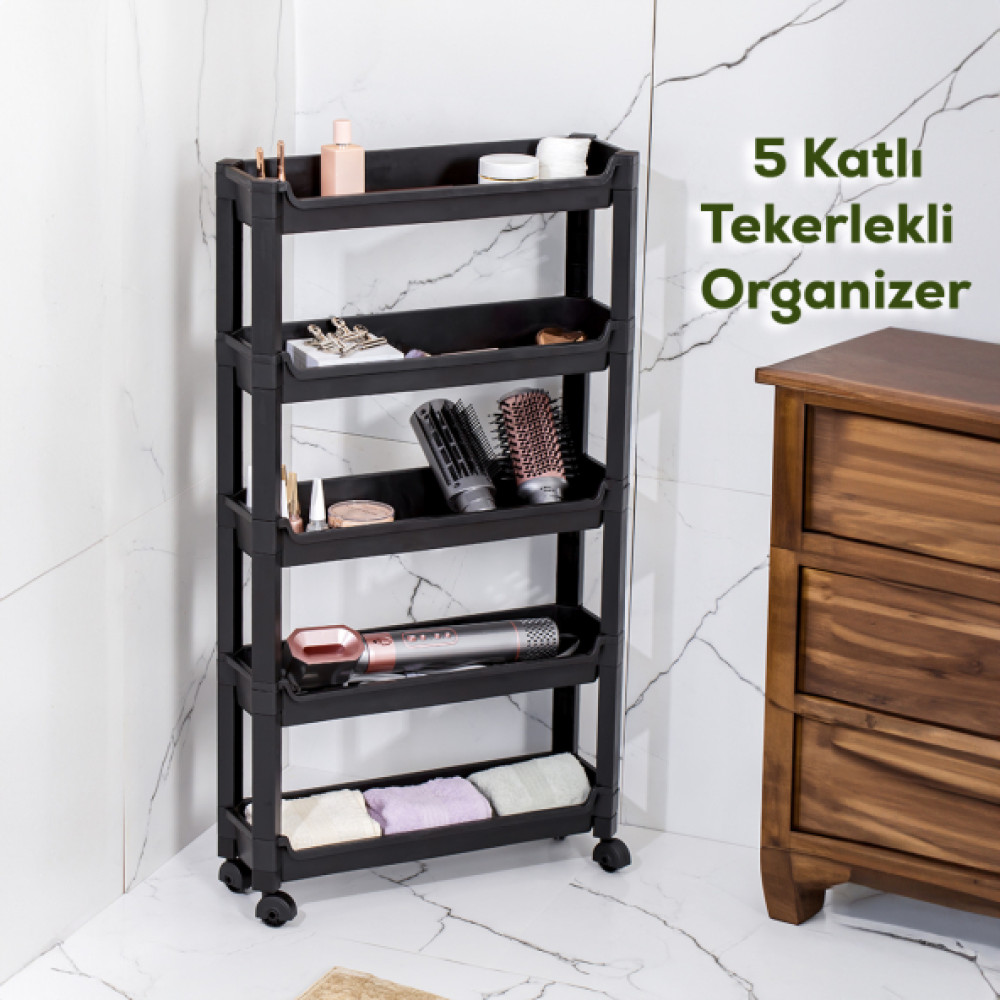 Porsima Rafty-67-Eco-1 Tekerlekli 5 Katli Duzenleyici - 46,5 X14,5 X 85 Cm Hareketli Raf - Siyah Mutfak Dolabı / Mobilyası Fiyatı