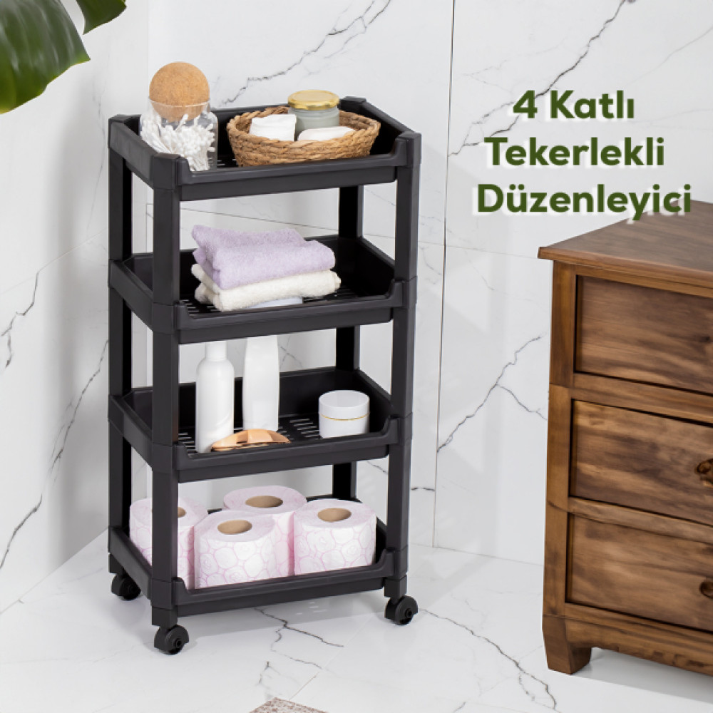 Porsima Rafty-74-Eco-1 Tekerlekli 4 Katli Duzenleyici - 35,5 X 22 X 67 Cm Hareketli Genis Raf - Siyah Mutfak Dolabı / Mobilyası Fiyatı