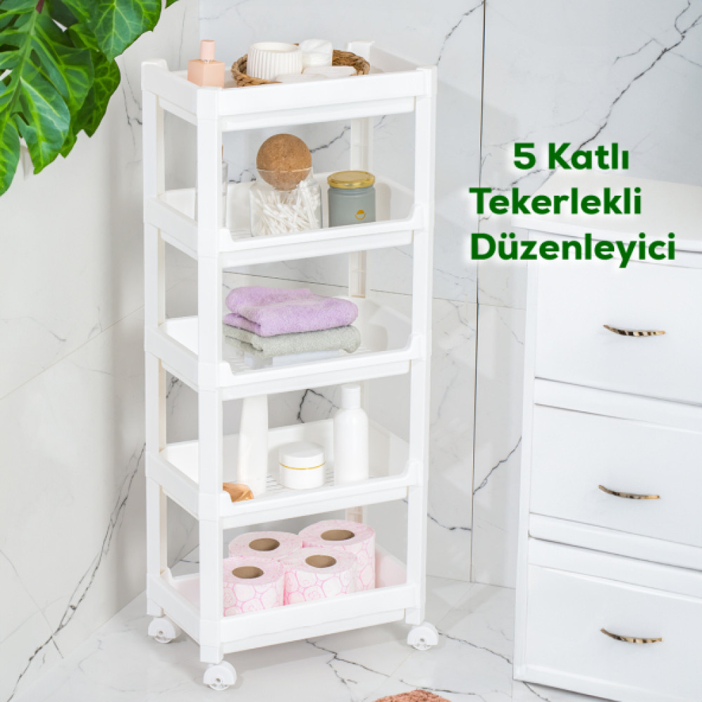 Porsima Rafty-75-1 Tekerlekli 5 Katli Duzenleyici - 35,5 X 22 X 85 Cm Hareketli Genis Raf - Beyaz Mutfak Dolabı / Mobilyası Fiyatı